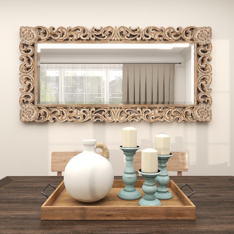 Light Brown Mango Wood Intricately Carved Floral Room Wall Mirror