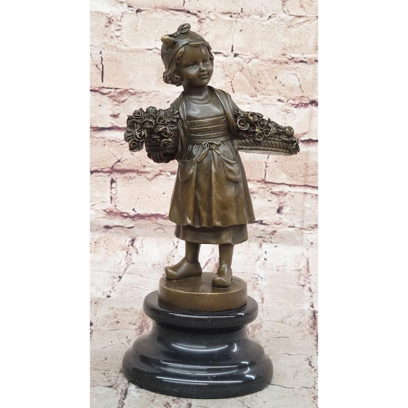 Young Girl Carrying Flower Basket - Bronze Sculpture By Daste