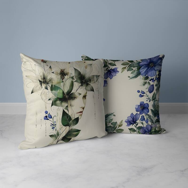 Flora Face Faux Suede Reversible Throw Pillow Green and Blue