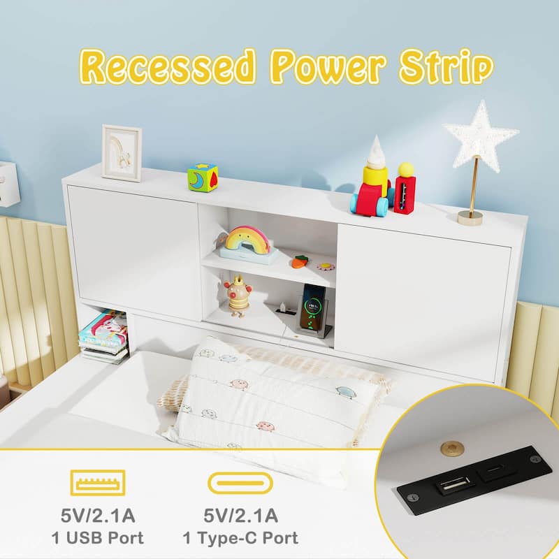 Costway Twin Size Bed Frame with Trundle & Power Outlet Bookcase