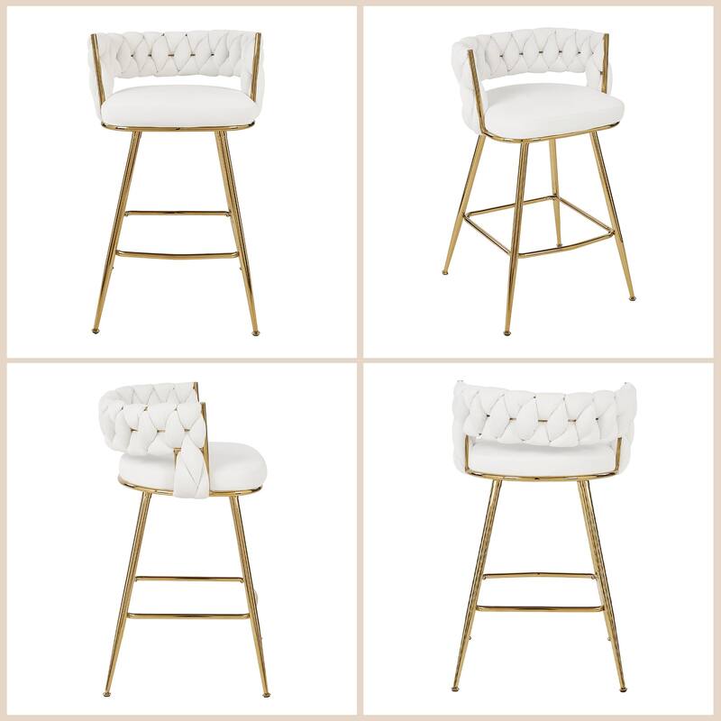 VECELO Counter Height Bar Stools with Woven Backrest 26.77" Seat Height Mid-Century Modern Upholstered Bar Chairs for Kitchen