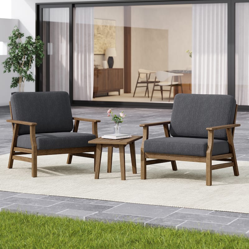 2 Set Outdoor Club Chairs with Cushions Acacia Wood Patio Chairs - Dark Grey/BROWN WOOD