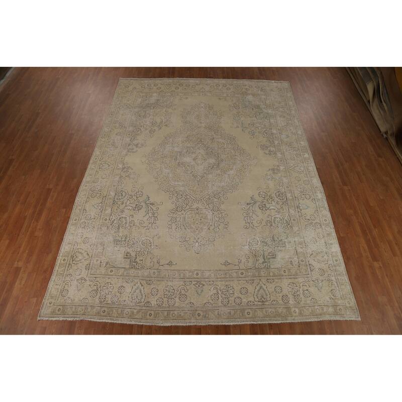 Tabriz Persian Vintage Area Rug Handmade Traditional Beige Wool Carpet - 9'6"x 12'10"