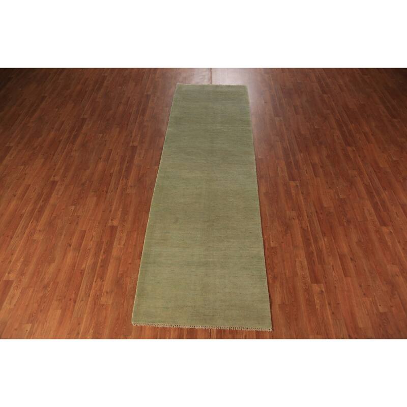 Light Green Modern Gabbeh Runner Rug Handmade Wool Carpet - 3'0" x 9'10"