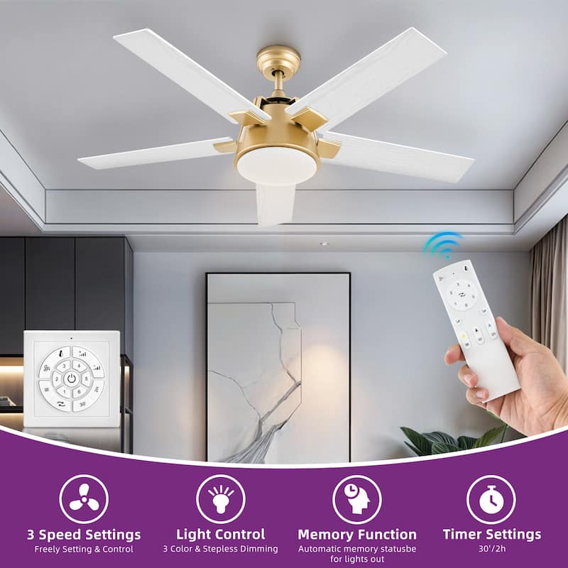 52 Inch Modern Ceiling Fan With Light And Wall Switch Remote