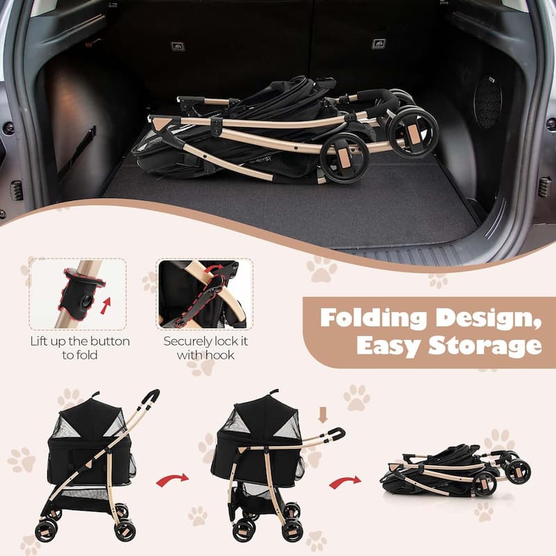 3-in-1 Pet Stroller Portable Folding Pet Stroller w/ Adjustable Canopy