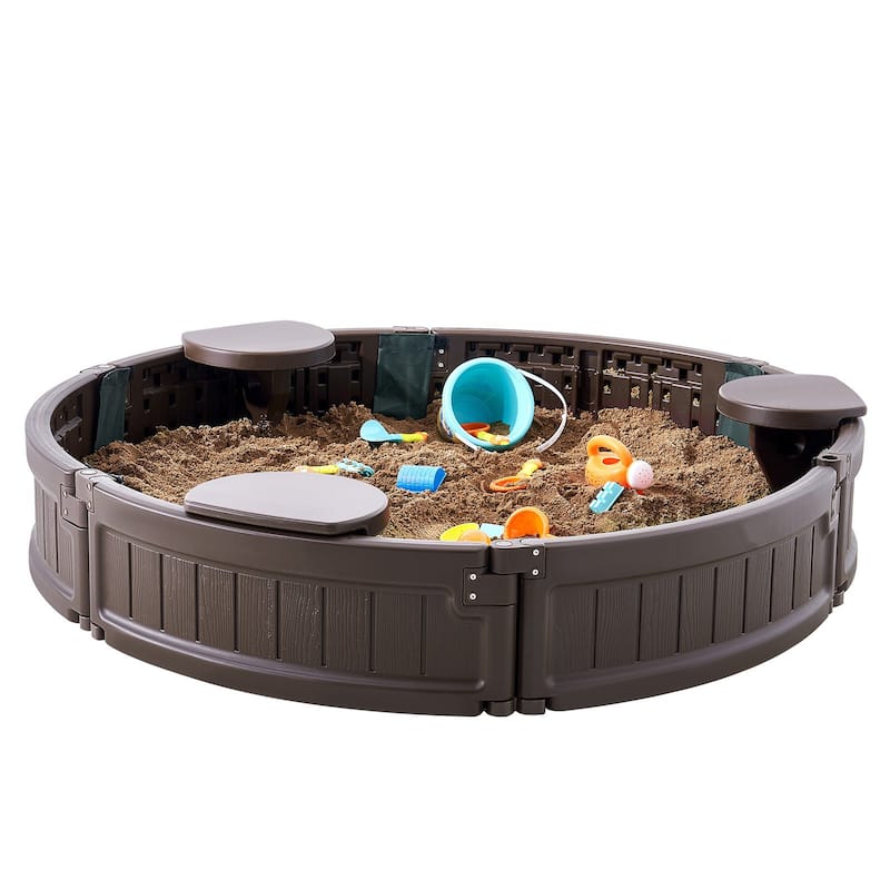 Brown HDPE Round Sandbox with 3 Corner Seating and Bottom Liner Perfect Gift for Kids - 47.2” x 47.2” x 9.1”