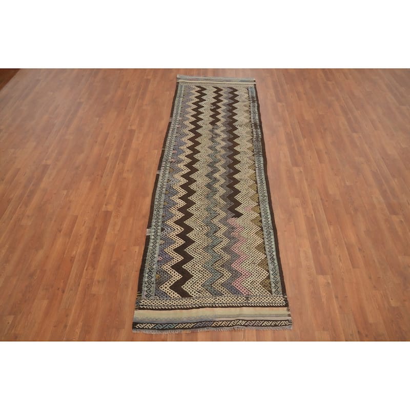 Hand Woven Oriental 100% Wool Carpet Southwestern Tribal Multi-Colored Kilim Runner Rug - 9' 5'' X 3' 0''