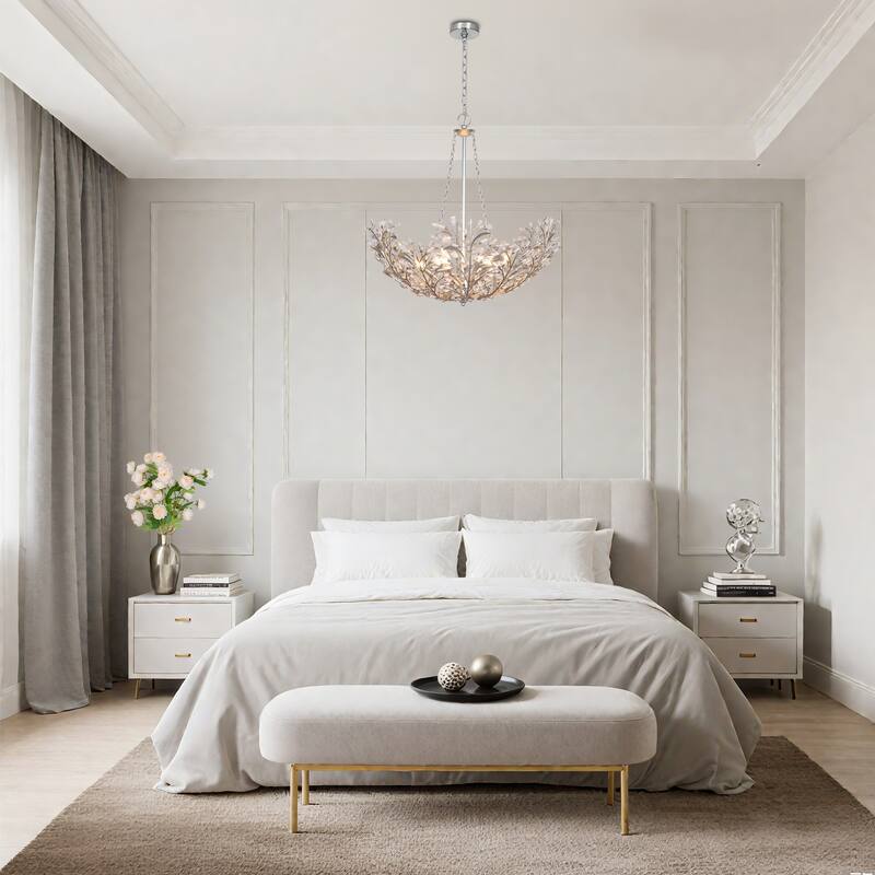 Stillbloom 6-Light Antique Silver Foil Metal Crystal Floral Chandelier - Antique Silver - Dia. 28.1" x H 29.5"