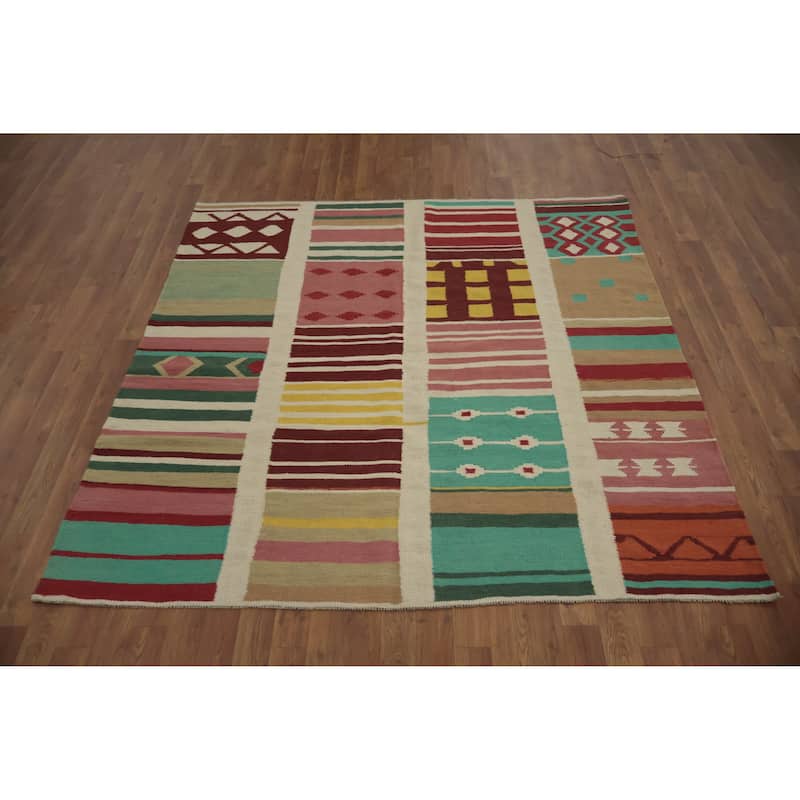 Hand Woven Oriental 100% Wool Carpet Southwestern Modern Multi-Colored Kilim Area Rug - 5' 10'' X 5' 10''