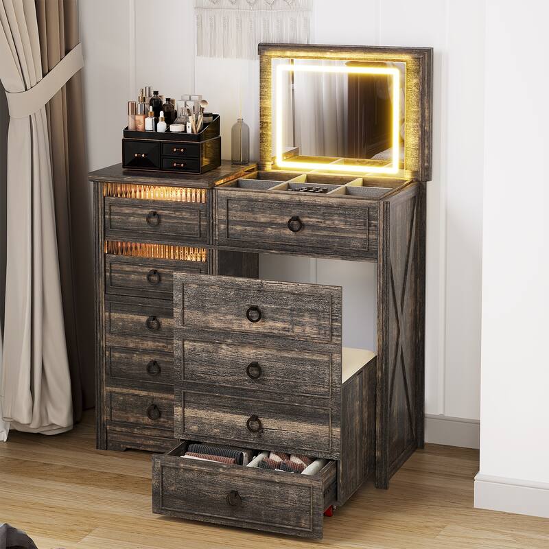 Makeup Vanity With Led Light and Hidden Storage - Brown