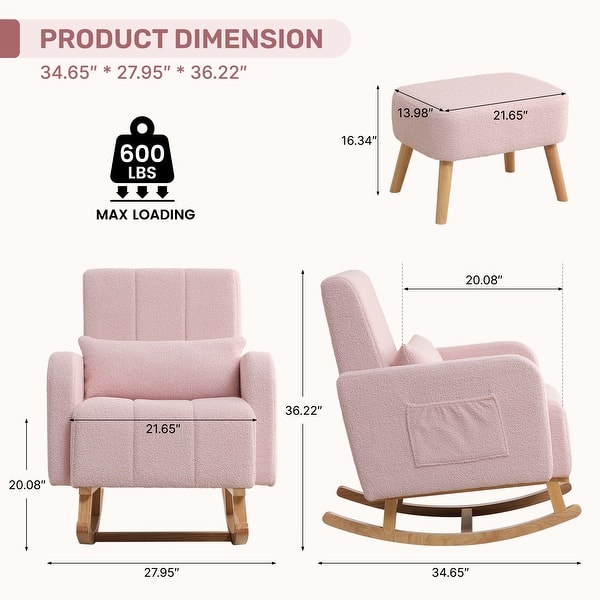 dimension image slide 3 of 6, HOMYKA 27.95” Rocking Chair, Teddy Velvet Fabric with Pillow and Ottoman