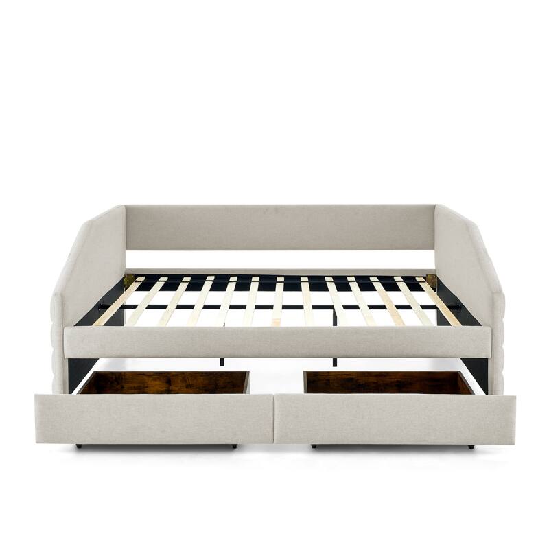 Roomfitters Queen/Twin Size Upholstered Daybed with Drawers, Linen Tufted Sofa Bed with Trundle Storage, Modern Guest Bed