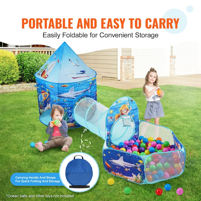Kids Play Tent with Tunnel, Basketball Hoop for Boys, Girls, Babies and Toddlers, Indoor/Outdoor Pop Up Playhouse