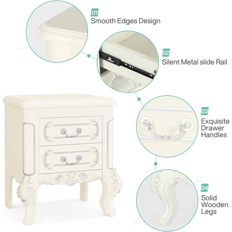 White Nightstand with 2 Drawers, Classic Carved Bedside Tables, Side Table