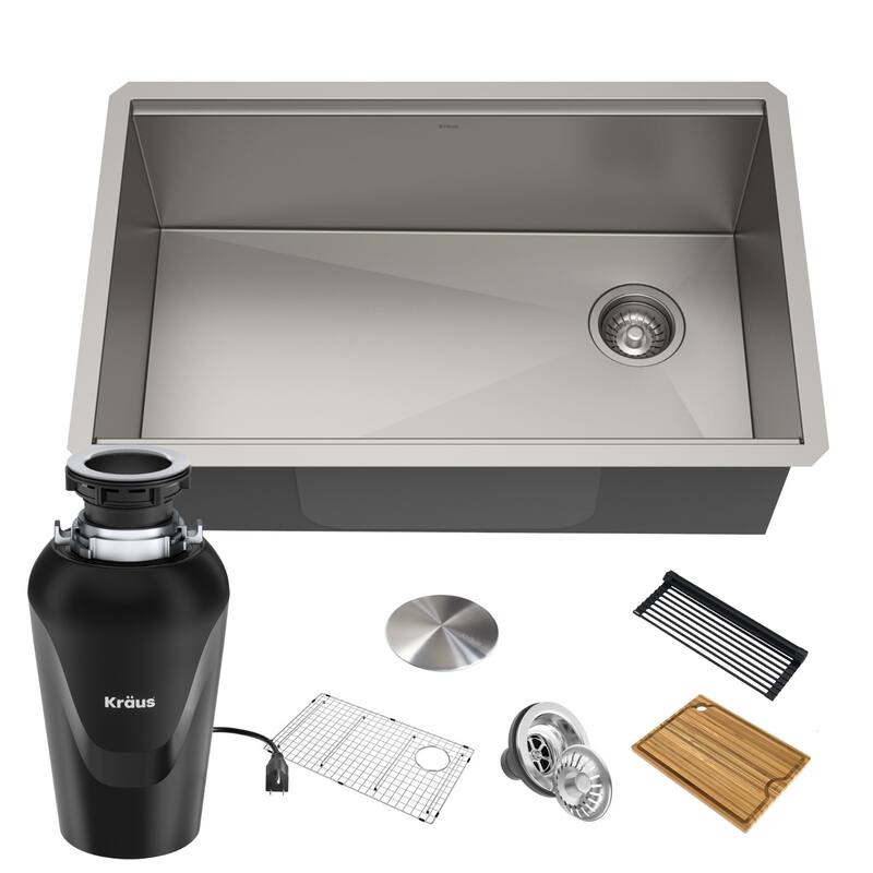 KRAUS Kore Workstation Undermount Stainless Steel Kitchen Sink - 30" L x 19" W (sink KWU110-30 w/ KWD100-75MBL) - Stainless Steel with Black Garbage Disposal
