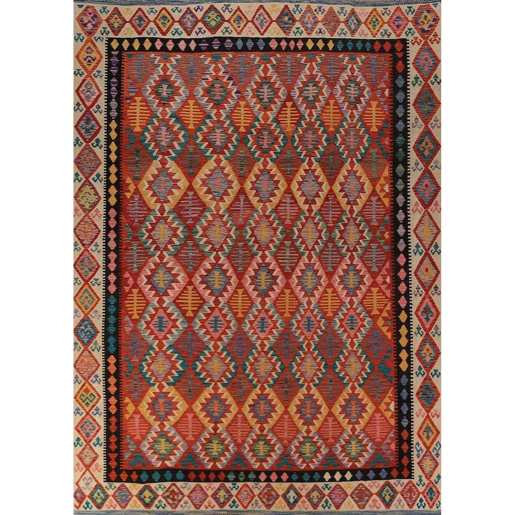 Kilim Oriental Area Rug Reversible Orange Flatweave Wool Carpet - 8'2"x 11'5"