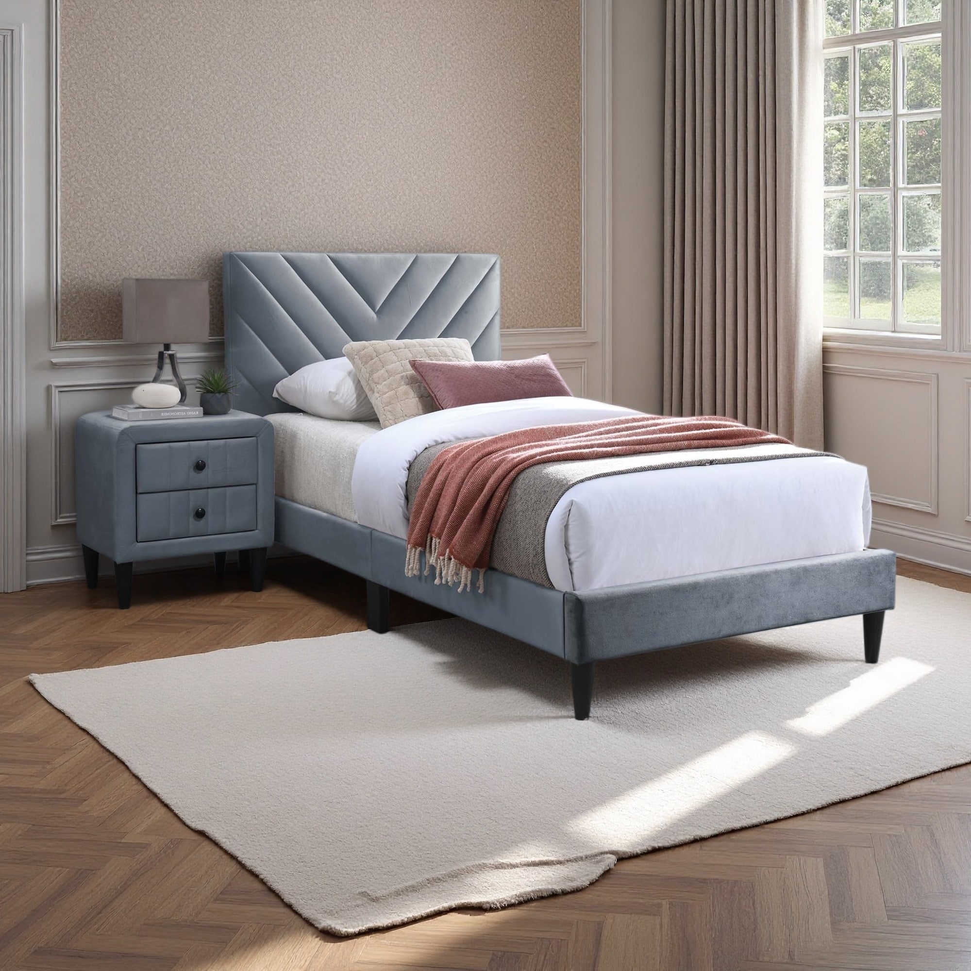 Twin Size Velvet Upholstered Platform Bed with Modern V-Stitching Tufted Design