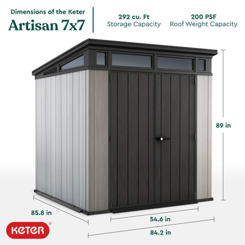 Keter Artisan 7 x 7 FT. Modern and Elegant Resin Outdoor Storage Shed With Floor for Patio Furniture and Tools, Grey - 7x7