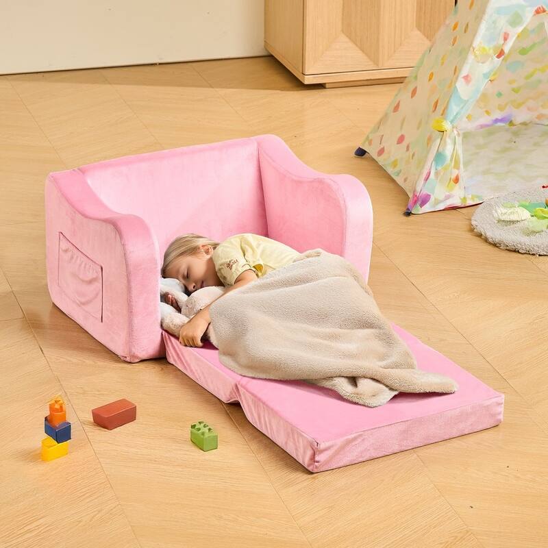 2 in 1 Soft Plush Fabric Convertible Toddler Couch Nap Bed with Armrest for Kids 18 Months-6 Years - 23.6 x 17.5 x 15.9 in