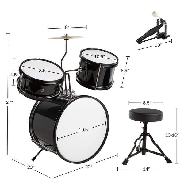 dimension image slide 1 of 3, Hey Play 3pc. Kids Drum Set with Cymbal, 2 Toms, Bass Drum and Throne