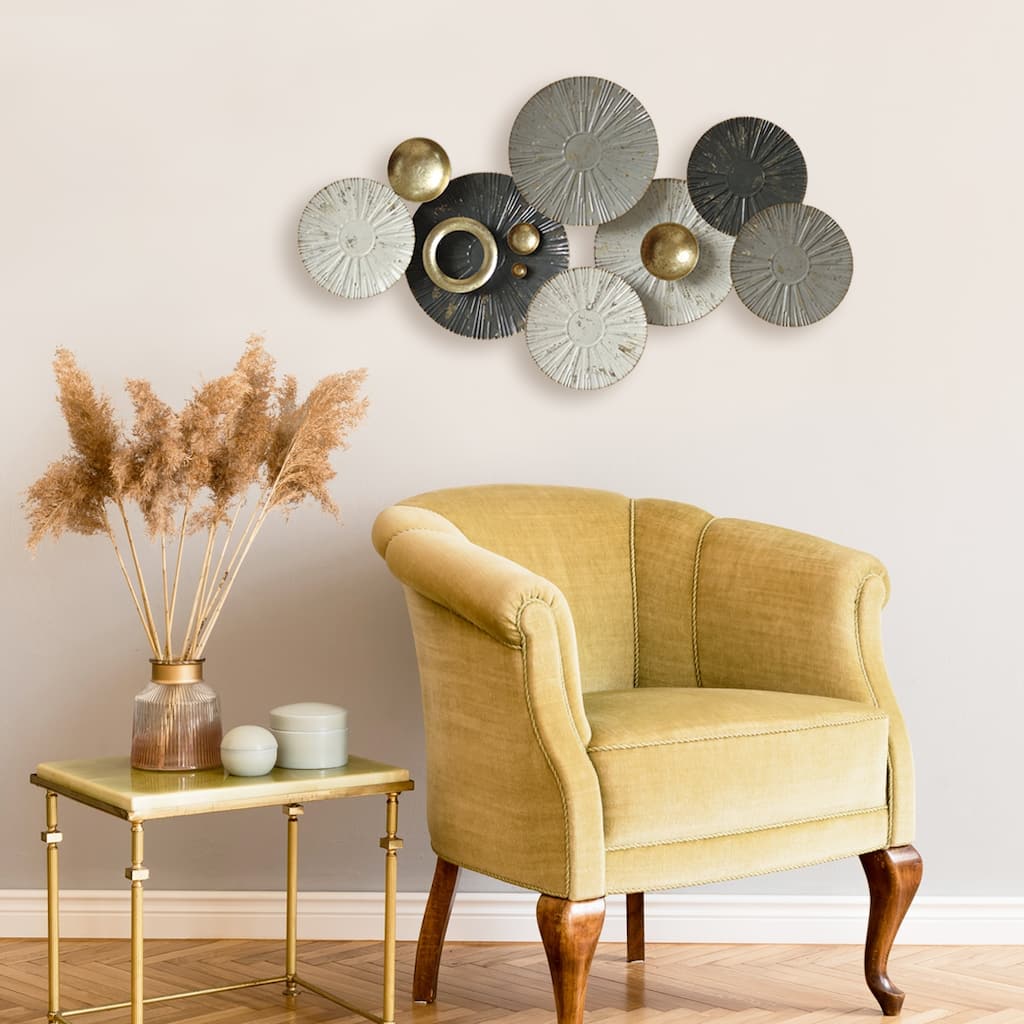 38" Metal Wall Decor Contemporary Gray and Gold Circle Wall Hanging Decor Decorative Iron Wall Accent Decor for Home