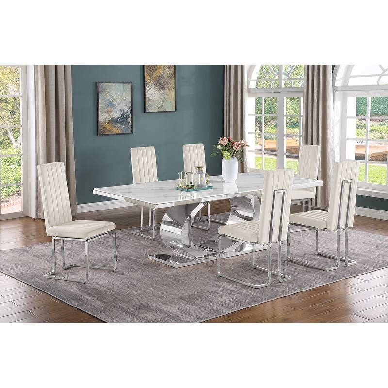 Best Quality Furniture D432/3-SC340-7 Dining Set with 87" White Marble Top - Cream / Silver - 7-Piece