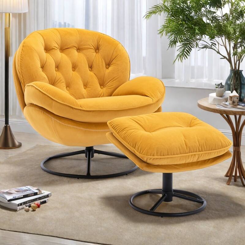 Velvet Swivel Accent Chair 360° Rotating Lounge Chair with Ottoman and Metal Legs