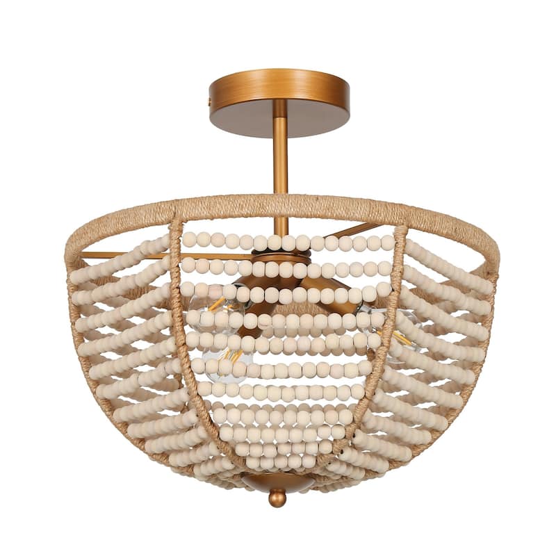 Coastal Boho Beaded 3-Light Chandelier Gold Semi-flush Mount Ceiling Light for Foyer Entry - Dia. 14" x H 13.7"