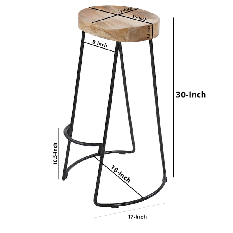30 Inch Handcrafted Backless Counter Height Barstool Natural Brown Mango Wood Saddle Seat Black Iron Base