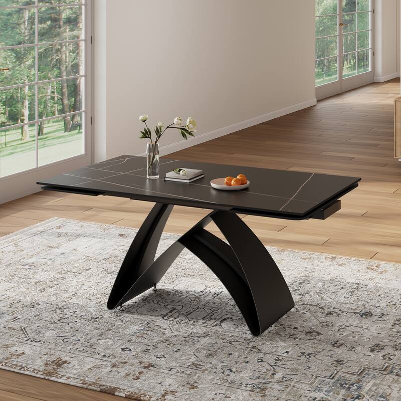 63-95"Extendable Modern Dining Table for 6-10, Black Sintered Stone Tabletop