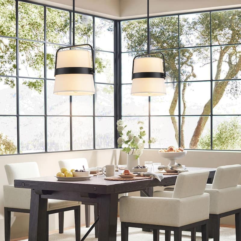 2-Light Modern Traditional Black and White Drum Fabric Pendant Light - 11.8 in. W x 11.8 in. H