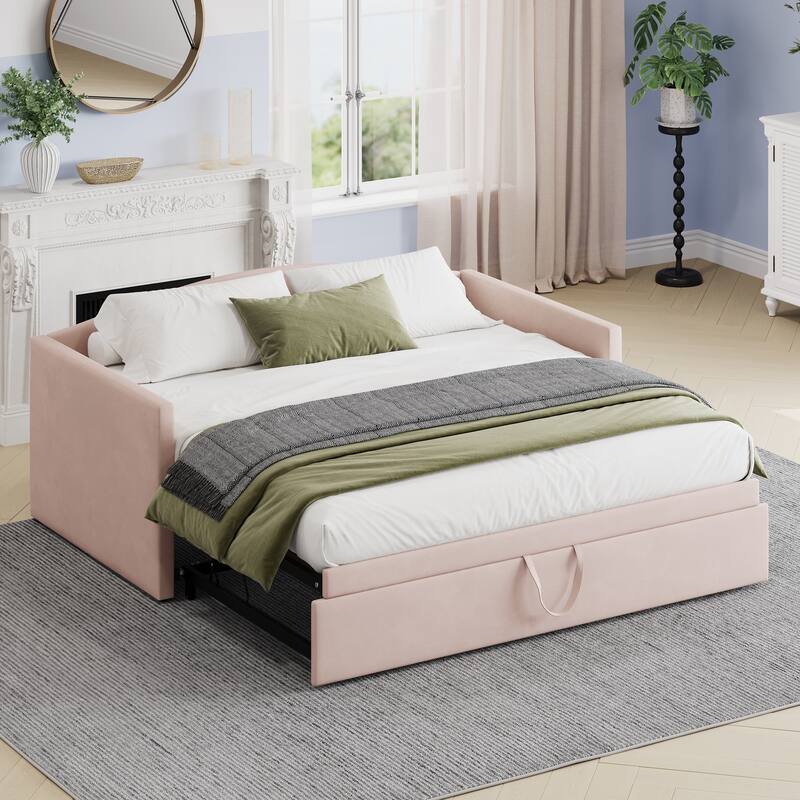 Daybed with Extended Pop Up Trundle, Twin to King Size Velvet Sofa Bed with Soft Padded Armrests - Pink