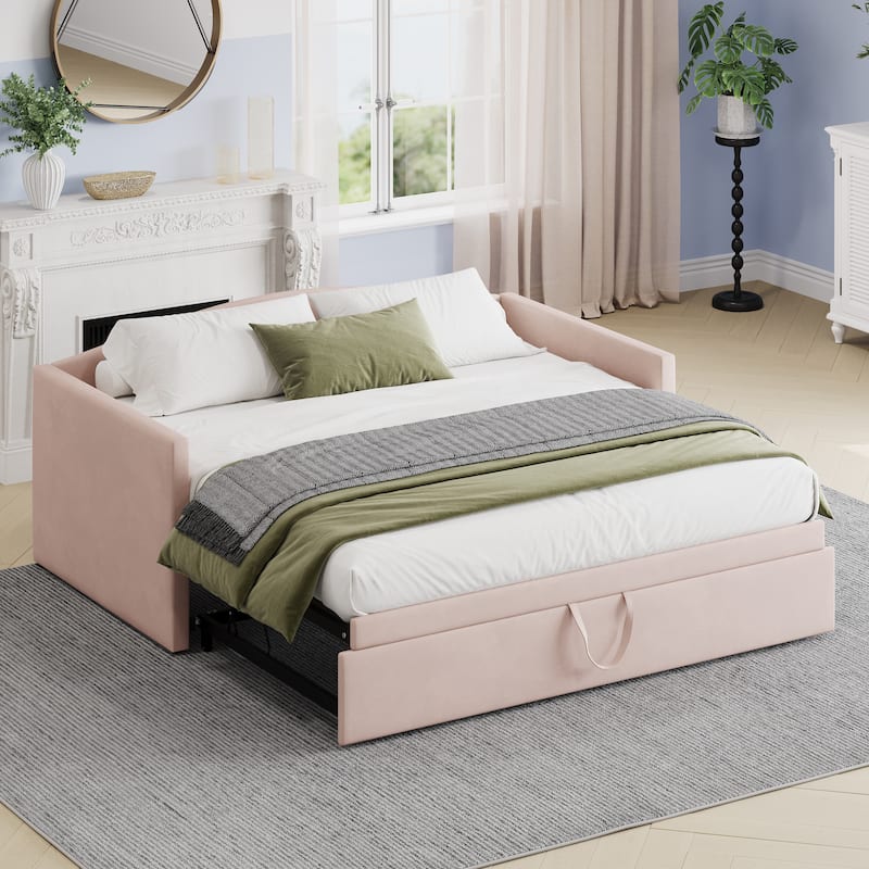 Twin Size Velvet Upholstered Daybed with Extended Pop Up Trundle Bed Convertible King Sofa Bed Frame, Space-Saving Twin to King