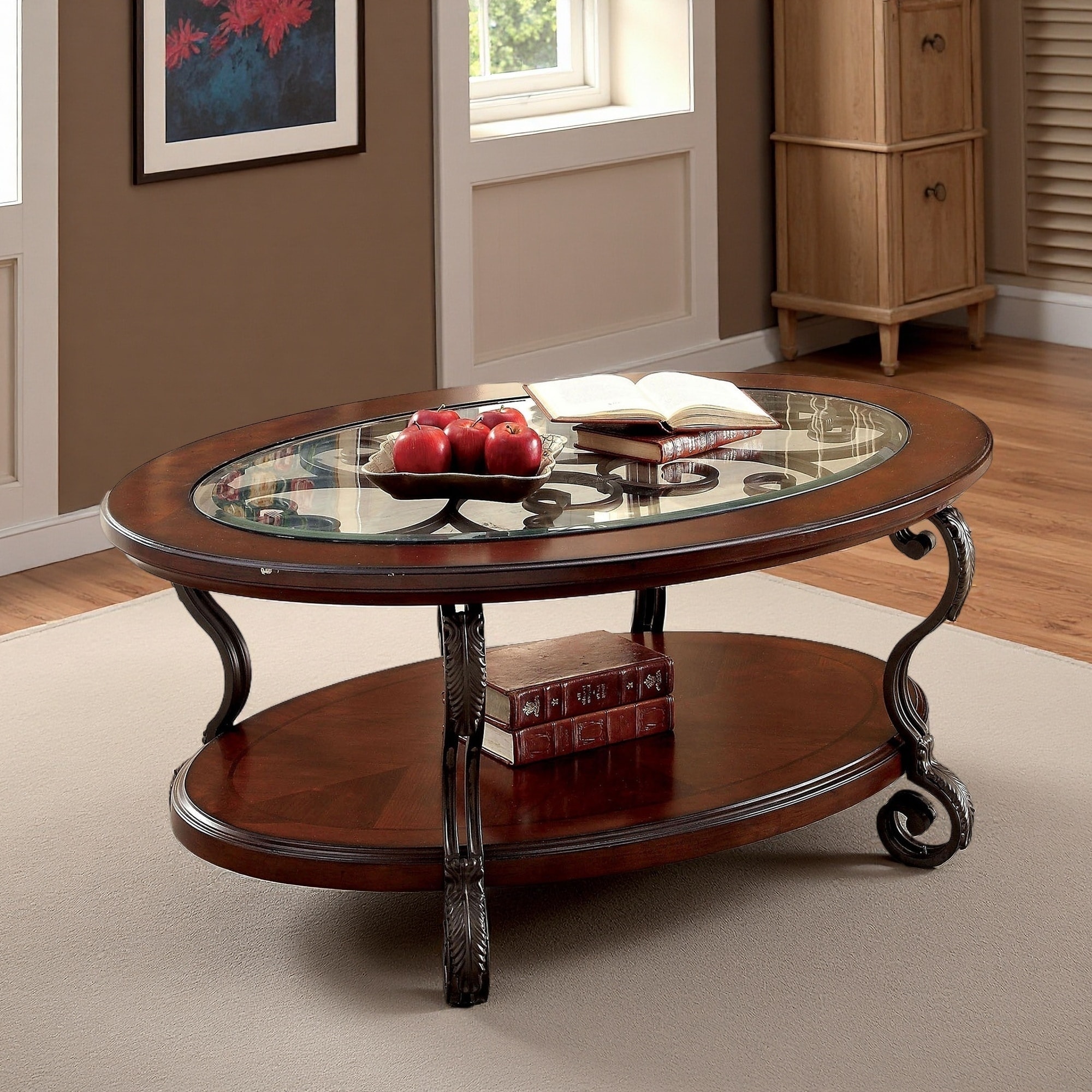 47.75" Cherry Wood & Metal Coffee Table with Shelf