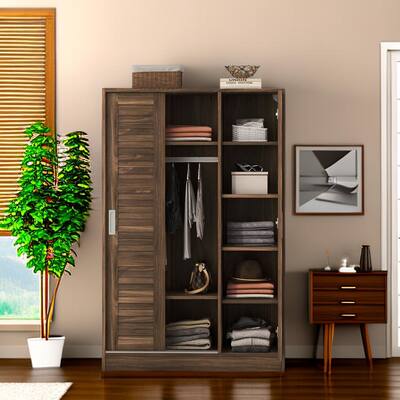 Modern Traditional 3-Door Shutter Sliding Wardrobe with Shelves, 66.9"Tall Large Wardrobe, Walnut