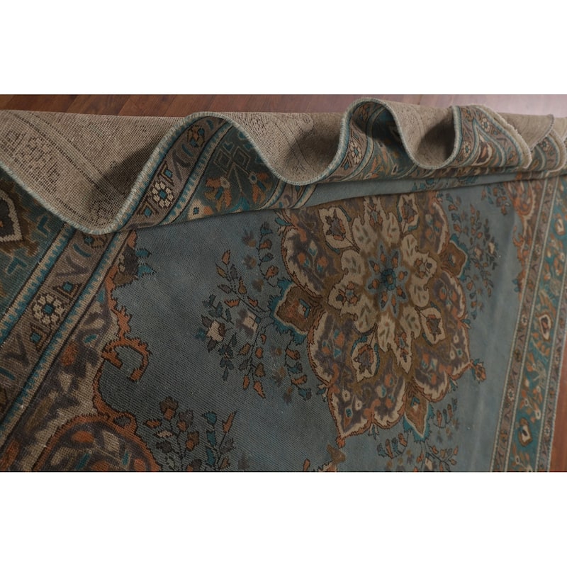 Blue Over Dyed Tabriz Persian Vintage Rug Handmade Wool Carpet - 8'2"x 11'4"