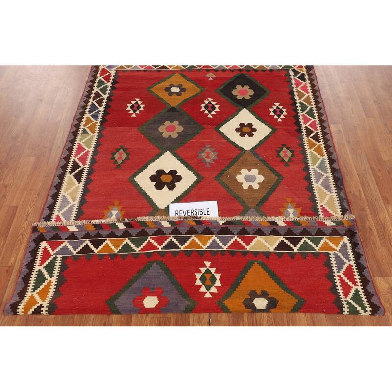 Geometric Kilim Qashqai Persian Vintage Rug Flatweave Wool Carpet - 5'4"x 8'0"