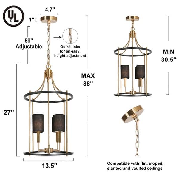 Evaie Modern Farmhouse 4-light Candle Chandelier Dimmable with Black Fabric Shade - D13.5'' x H88''