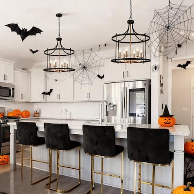 Modern 6-Light Drum Chandelier Black Gold Lantern Pendant for Kitchen Island Foyer - 21.5'' D x 27'' H