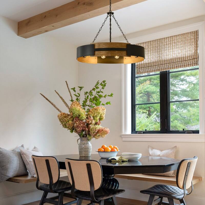 Farmhouse Drum Chandelier Wood Grain Rustic Industrial Round Metal Pendant Light