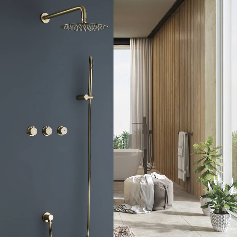 Triple Handle 2-Spray Shower Faucet 1.8 GPM with Ceramic Disc Valves Brass Wall Mounted Shower System in Brushed Gold