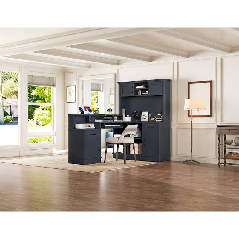 L-Shaped Corner Desk with Outlet, Drawers & Bookshelf, Study Table, Writing Desk Gaming Computer Desk with Storage