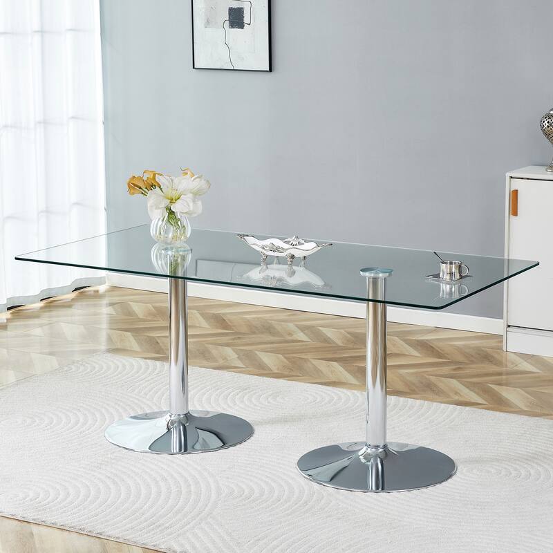 Rectangular Glass Top Dining Table with Metal Legs Modern Minimalist Design
