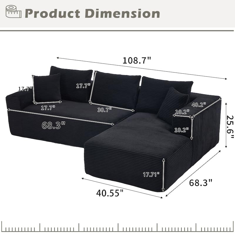 Modular Sectional Cloud Sofa with L-Shape Chaise, Oversized Corduroy Upholstered Boneless Sofa, Corner Sofa with Deep Seat