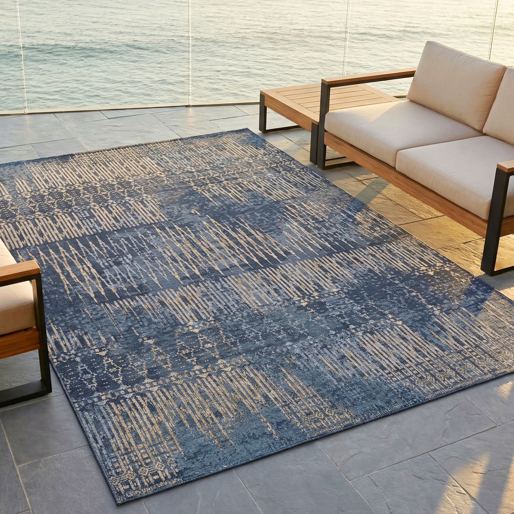 Dream Decor Rugs Gelato Frequency Blue Tan Indoor Outdoor Area Rug