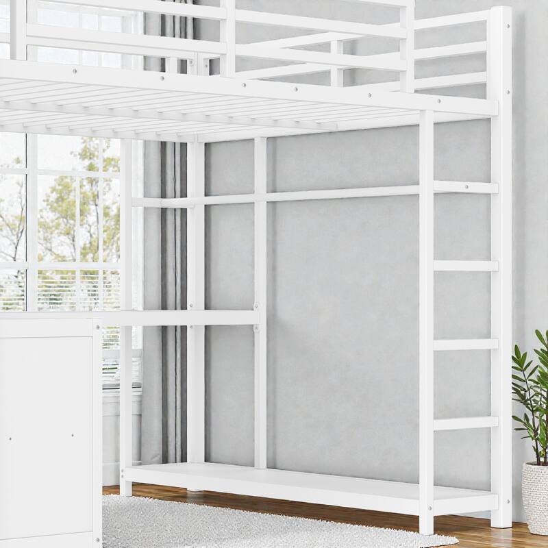 Metal Loft Bed with Wardrobe and L-Shaped Desk, Storage Cubes and Shelves, Space Saving Loft Bed for Teens