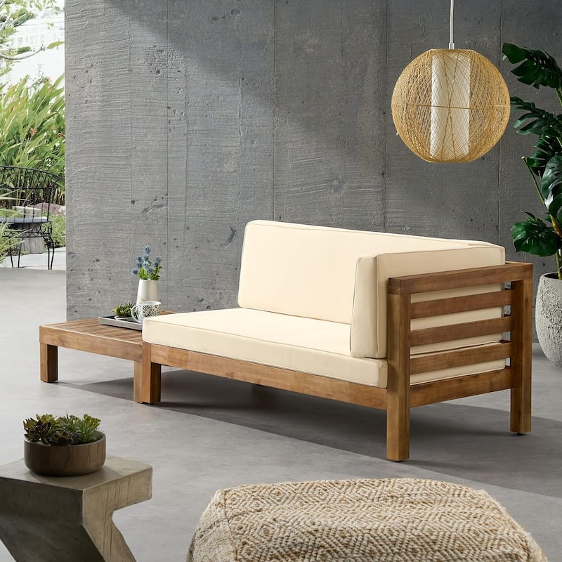 Roomfitters Right Corner Bench with Coffee Table, Outdoor Wooden Patio Sofa with Cushions for Garden or Porch - Beige