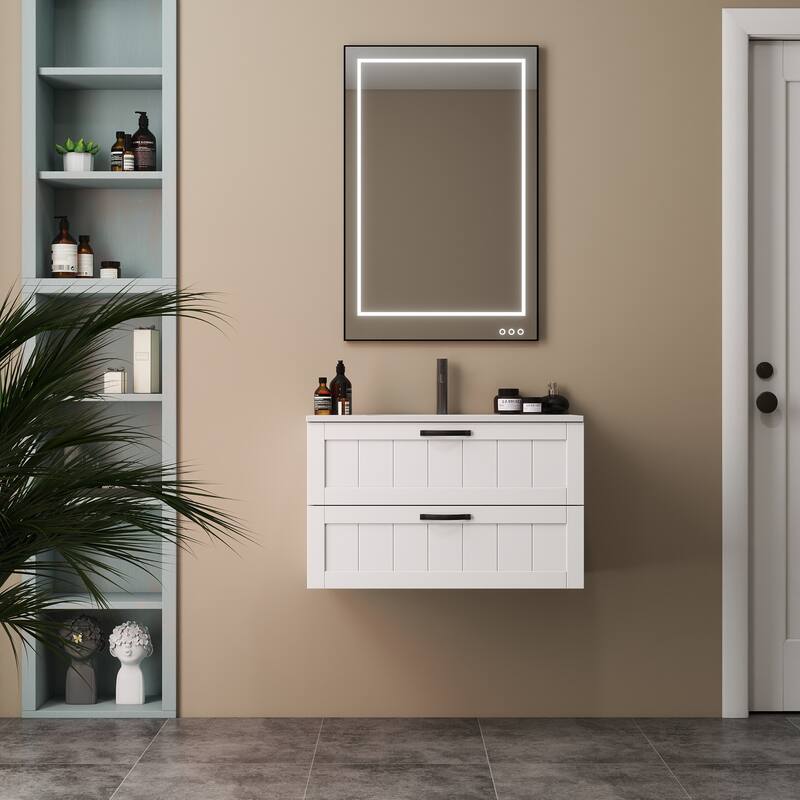GDFStudio - 31.5" Modern Style Bathroom Cabinet, Double Drawer with Decor Line, Wall-Mounted Vanity - Cabinet+Basin - White