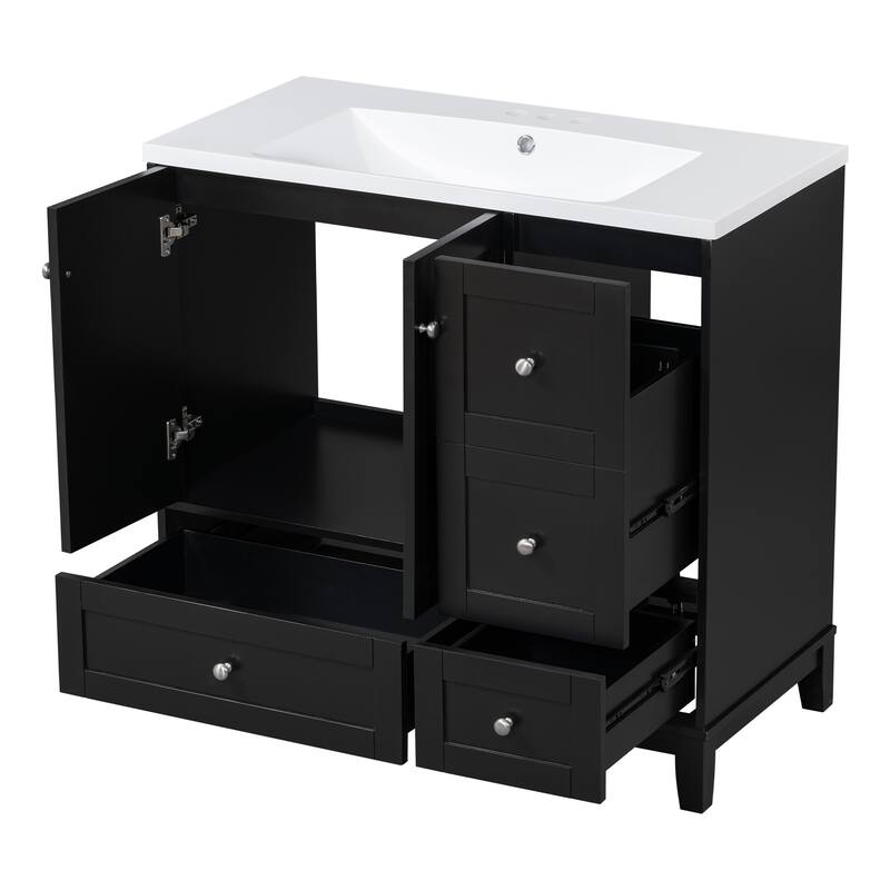 36" Modern Bathroom Vanity with USB Charging, 2Doors and 3Drawers Storage Vanity Cabinet, single sink, Faucets Not Included